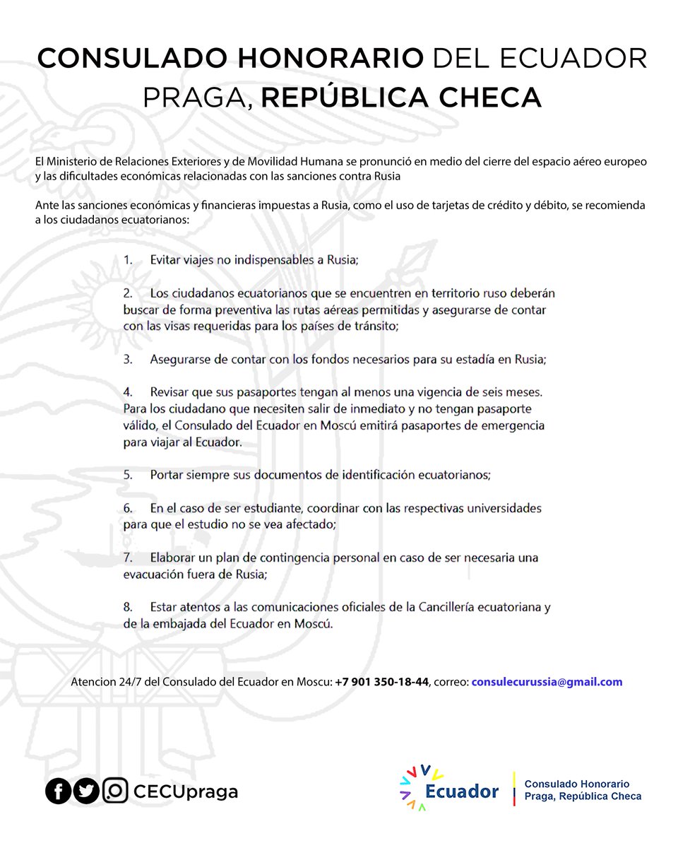 IMPORTANTE: Recomendaciones para ciudadanos ecuatorianos de cara a la situación en Rusia, a fin de reconsiderar planes de viajes que no sean de extrema urgencia y necesidad.