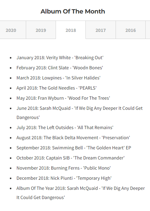 Moving forward to 2018 our #AlbumOfTheMonth slot featured music by <a href="/VeeBear/">Voshy</a>, <a href="/ClintSlate/">Clint Slate - The Doubter's Dance EP OUT NOW!</a>, <a href="/lowpines/">Lowpines</a>, <a href="/thegoldneedles/">The Gold Needles</a>, <a href="/franwyburn/">Fran Wyburn</a>, <a href="/sarahmcquaid/">Sarah McQuaid</a>, <a href="/theleftoutsides/">the left outsides</a>, <a href="/BDMofficial/">The Black Delta Movement</a>, <a href="/swimming_bell/">Swimming Bell ☮️</a>, <a href="/captainsib/">Captain SIB</a>, <a href="/burningferns/">Burning Ferns</a> &amp; #NickPiunti. …rosstheuniversalsoundscape.weebly.com/album-of-the-m…