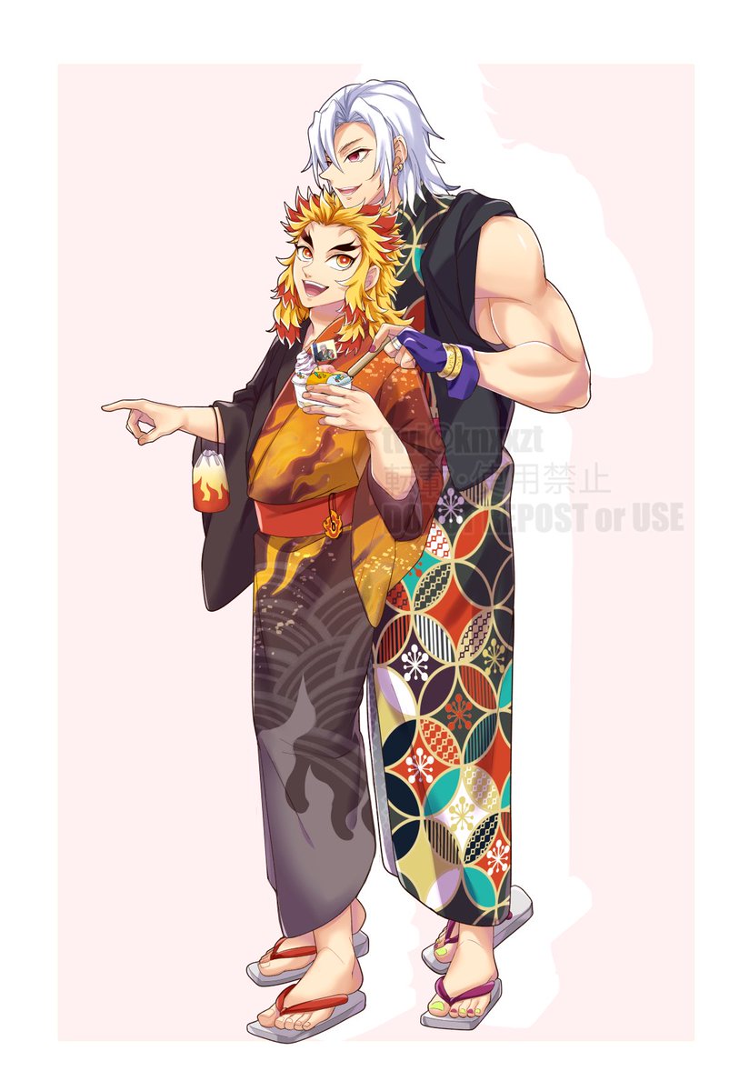 rengoku kyoujurou forked eyebrows japanese clothes kimono multiple boys blonde hair male focus red hair  illustration images