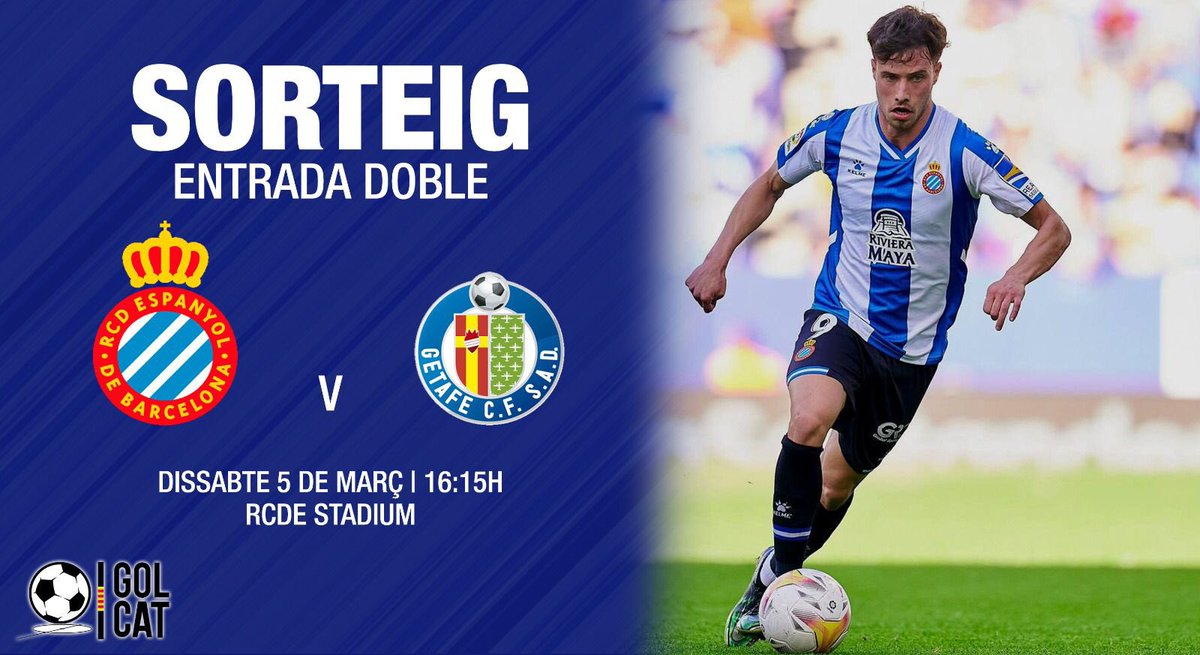 🚨 SORTEIG 🚨 1 ENTRADA DOBLE per al partit <a href="/RCDEspanyol/">RCD Espanyol de Barcelona</a> - Getafe (dissabte 5 de març) a l’#RCDE Stadium.

Requisits per participar:
➡️ RT d'aquesta publicació
➡️ Segueix a <a href="/Gol_Cat/">GolCat</a> 
➡️ Menciona 4 jugadors del planter al primer equip perico

📆 Guanyador 👉🏻 3 de març 

#futbolcat