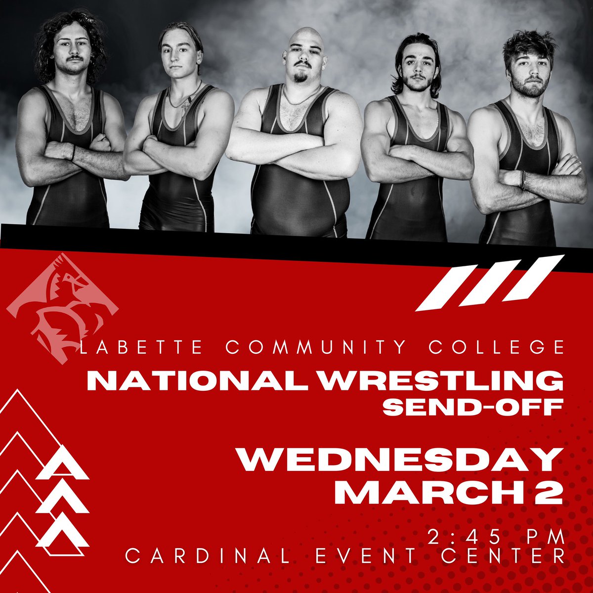 YOU'RE INVITED! 
The 2022 LCC National Wrestling Team Send-Off will be TOMORROW, March 2 @ 2:45 PM in the Cardinal Event Center! 🤼🏻