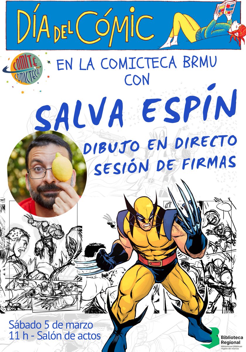 El 5 de marzo es el primer #Díadelcómic de España. Y la <a href="/brmu/">Biblioteca Regional de Murcia</a>, teniendo la Comicteca que tiene, no podía dejar de festejarlo. Dos propuestas muy distintas: 
4/03 Torbellino de colores: acortar.link/bsDQtV
5/03 Sesión de dibujo con <a href="/SalvaEspin/">Salva Espin</a> 
#ComitéComicteca #ComictecaBRMU