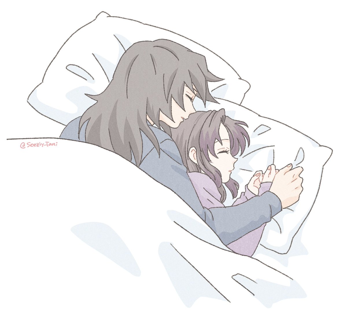 1girl 1boy pillow sleeping closed eyes twitter username under covers  illustration images