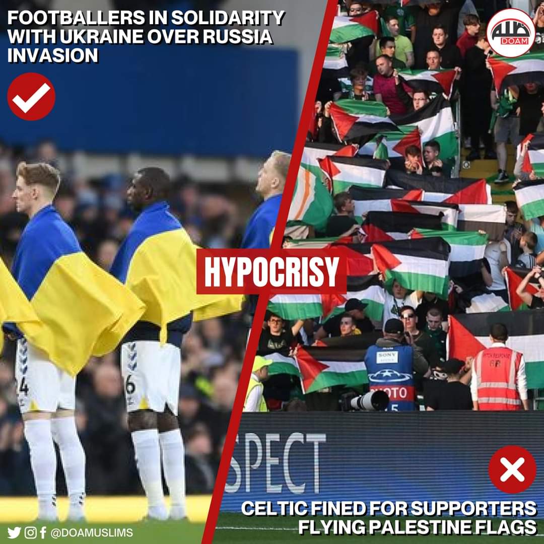 2syedabdullah's tweet image. What happened to “No Politics in #Football”?
Footballers draped in Ukrainian flag over #Russia invasion.
#Celtic football club fined for supporters flying Palestinian flags.
#UkraineCrisis #UkraineConflict #UkraineRussiaCrisis #Palestine #Ukraine
