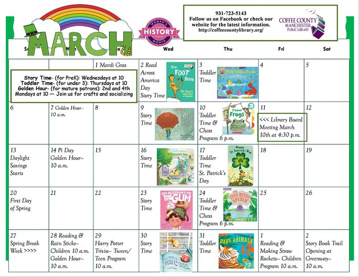 Correction: Golden Hour will not meet on March 7. Golden Hour will meet on March 14 and March 28. 
Here's our calendar for March! Make sure to check our Facebook page for the latest updates on events and programs.