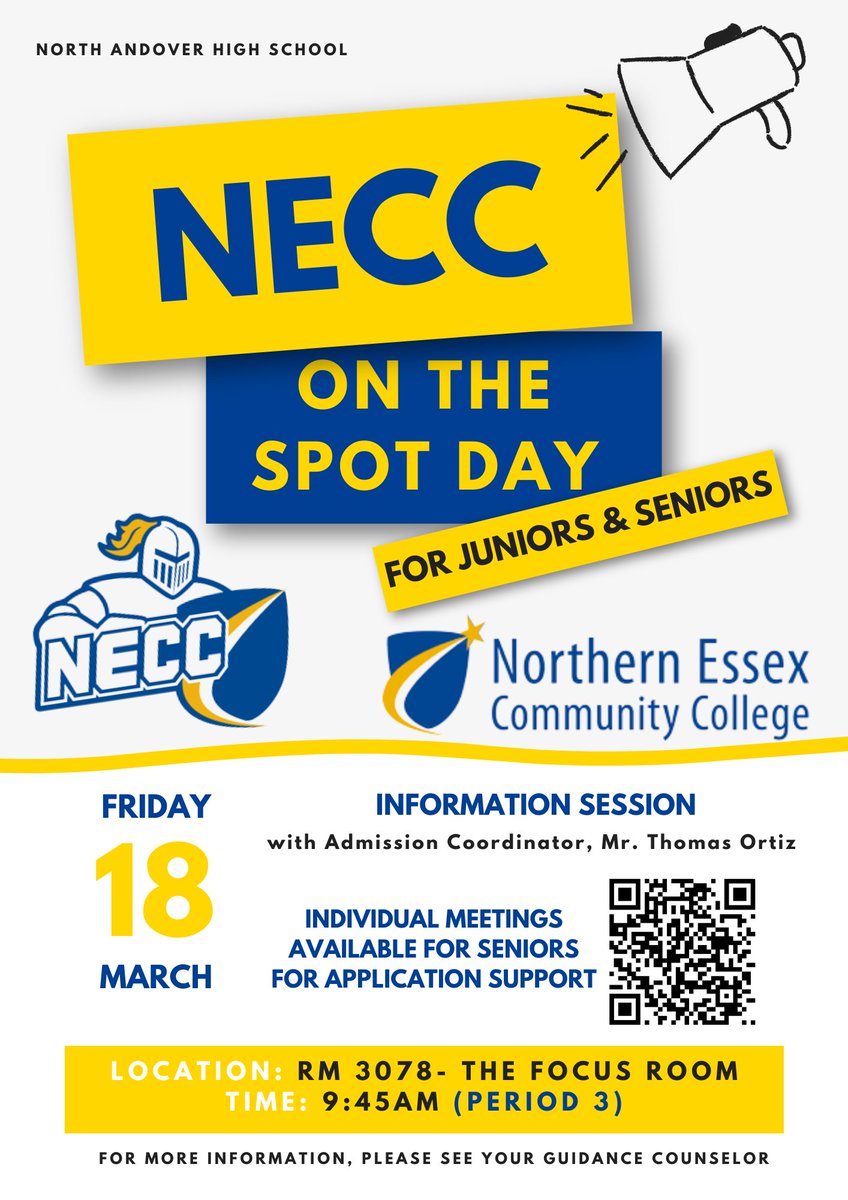 NAHS JUNIORS &amp; SENIORS!!!!

On March 18th, Mr. Thomas Ortiz from NECC will be here for our On The Spot Day. Come learn about our local community college and receive admission support.

Check out this flyer for more information.