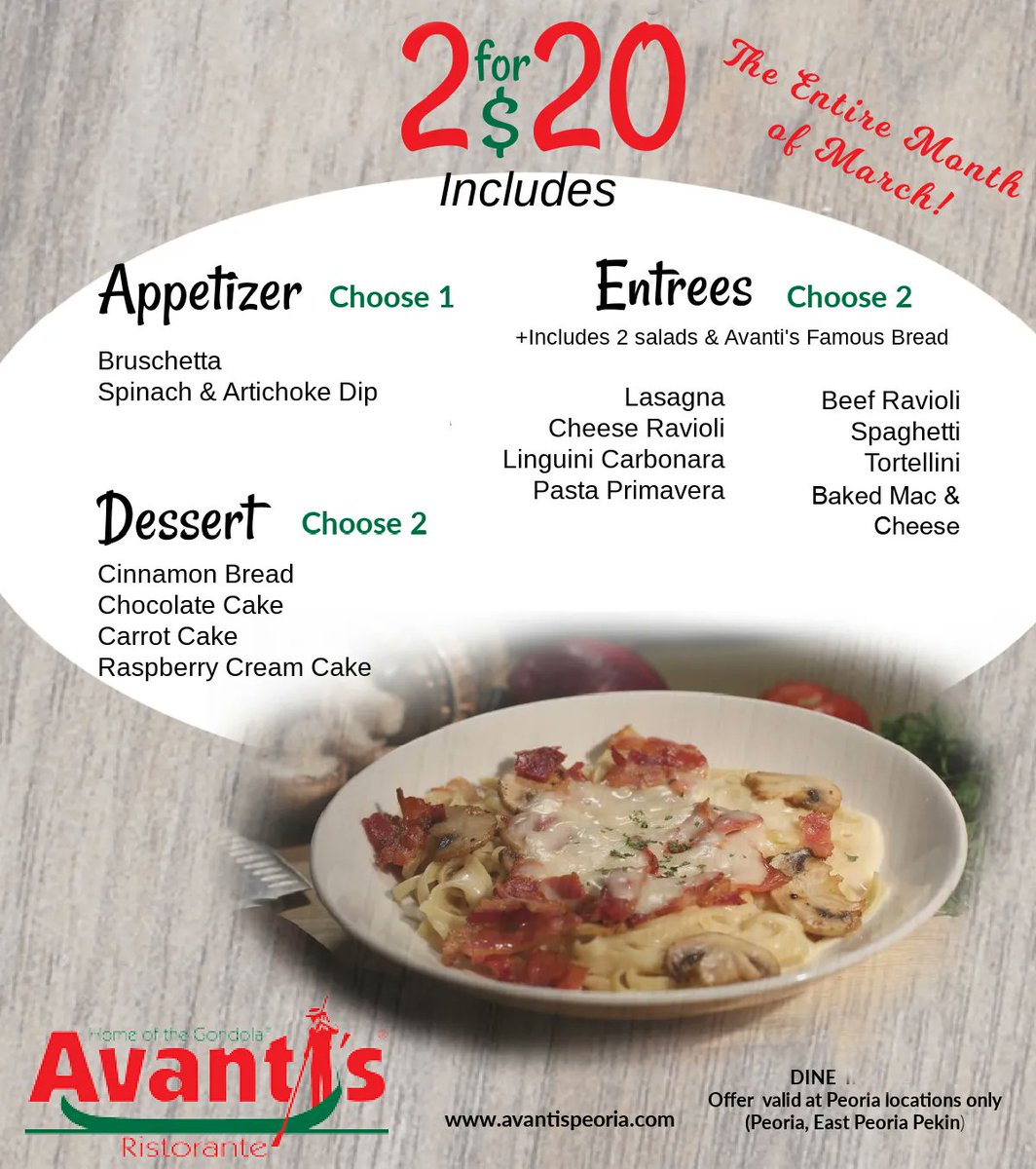 Avantis_Peoria's tweet photo. Great news! The 2 for 20 deal has been extended through the month of March! Enjoy an appetizer, 2 entrées and 2 desserts at any of our Peoria area locations. Dine in only. https://t.co/JhoJXP5emG