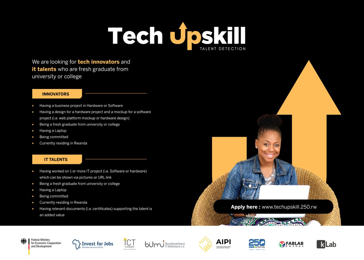 klabrw's tweet image. #TECHUPSKILL Call for application is now OPEN!Are you a young #Rwandan tech innovator or an IT talented and University graduate, wishing to upgrade your skills? Tech Upskill provides trainings, and connects you to a variety of opportunities. 
Apply here:techupskill.250.rw
