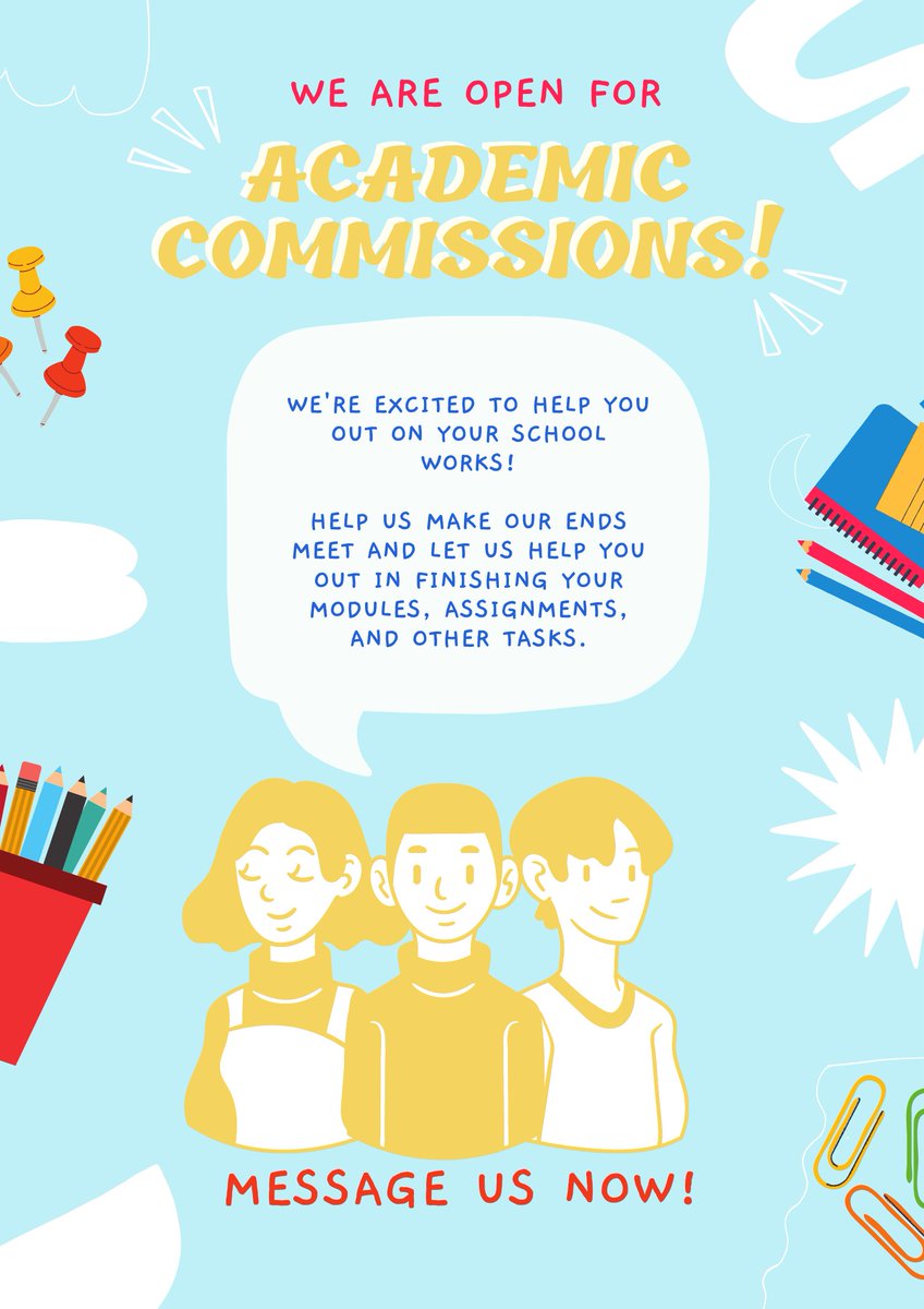co_missions1's tweet photo. We are open for Academic Commissions! 

We're excited to HELP YOU OUT ON YOUR SCHOOL WORKS!

HELP US MAKE OUR ENDS MEET AND LET US HELP YOU OUT IN FINISHING YOUR MODULES, ASSIGNMENTS, AND OTHER TASKS. https://t.co/8KePiu0tNk