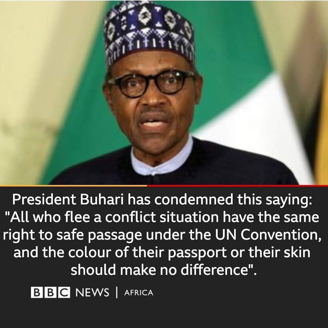 SouthernScaf's tweet photo. How different is @NGRPresident @MBuhari from the racist Ukranian police who pushed blacks to Russians soldiers?
He brought out racist card against himself. #Nera10, #ReleaseThem, #EndWar
Buhari arrested civil rights leaders, refugees, handed them Cameroun's military 5 yrs ago https://t.co/iLspLpX3T0