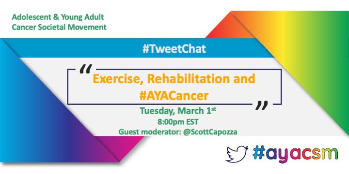 #AYAs may have ?s about if &amp; how they should exercise during cancer treatment &amp; may have barriers (both physical &amp; external) that makes exercise more challenging.
Join us tonight at 8 ET as we discuss this on the #AYACSM platform.  Thanks <a href="/EK_Drake/">Dr. Emily Drake</a> for having me!
<a href="/APTAOncology/">APTA Oncology</a>