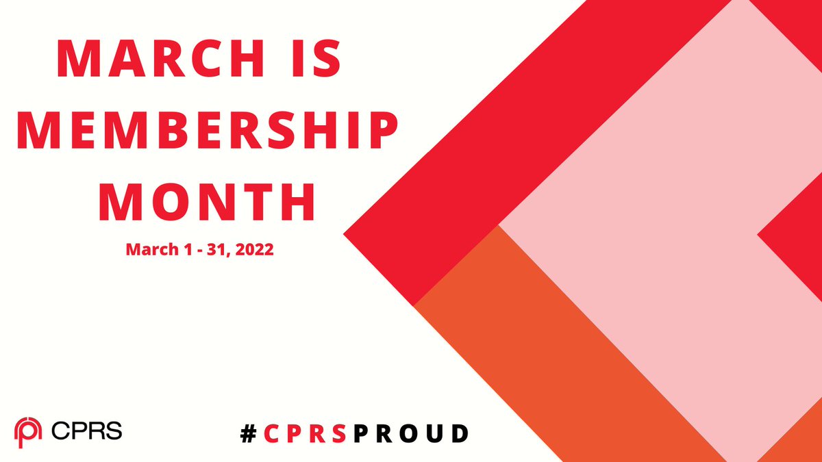 March is Membership Month! Throughout this month, <a href="/CPRSNational/">CPRS National</a> is waiving the $50 initiation fee for NEW members and $50 reinstatement fee for lapsed members over March. 
Never a better time to join us! 
#CPRSProud #MembershipMonth
