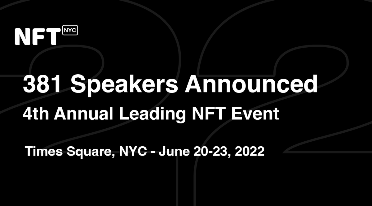 NFT_NYC's tweet photo. 381 new speakers announced today for #NFTNYC2022!

760 speakers have now been approved.

We are expecting 1,000 community members on stage during June 20-23.

See the full list of round 2 approved speakers at https://t.co/7TyTAcdynX https://t.co/emOhw7R1tJ
