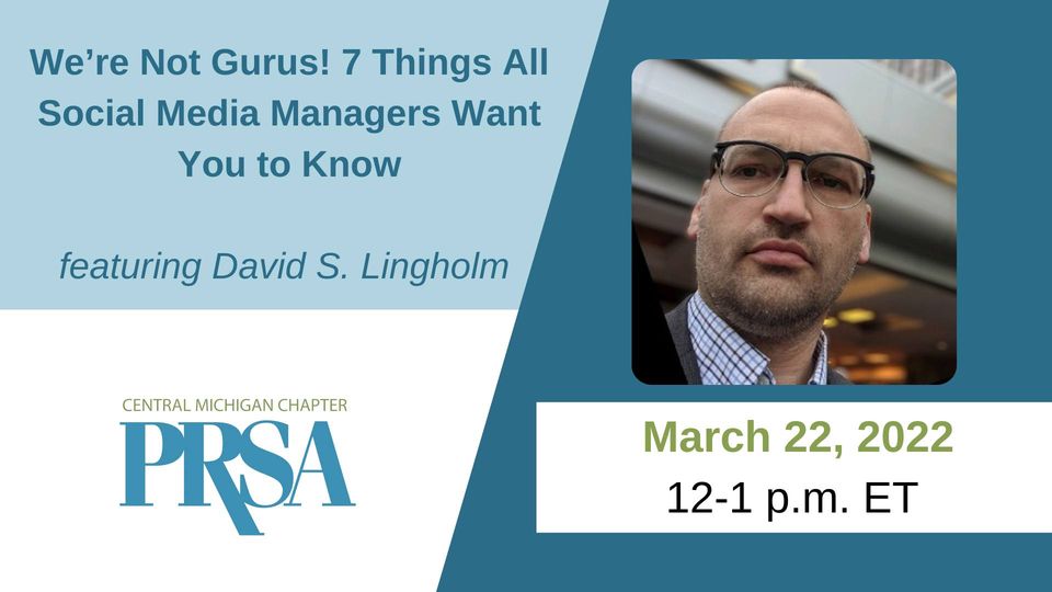 I recently joined <a href="/CMPRSA/">Central Mich. PRSA</a> as Programming Co-Chair - and I'm happy to report my first attempt at setting up a speaker has gone pretty smoothly. If you're interested in joining us, please register for the event - and we'll see you March 22! fb.me/e/27gPMRMBk