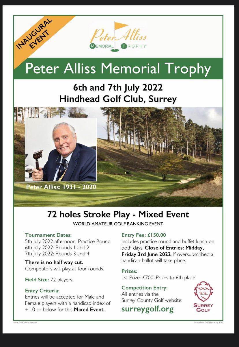 Surrey Golf is proud to announce the inaugural Peter Alliss Memorial Trophy which will be held at Hindhead Golf Club 6-7th July 2022!

This 72 hole mixed strokeplay competition is open to international players and is a WAGR event. 

Sign up here: surreygolf.org/competition.ph…