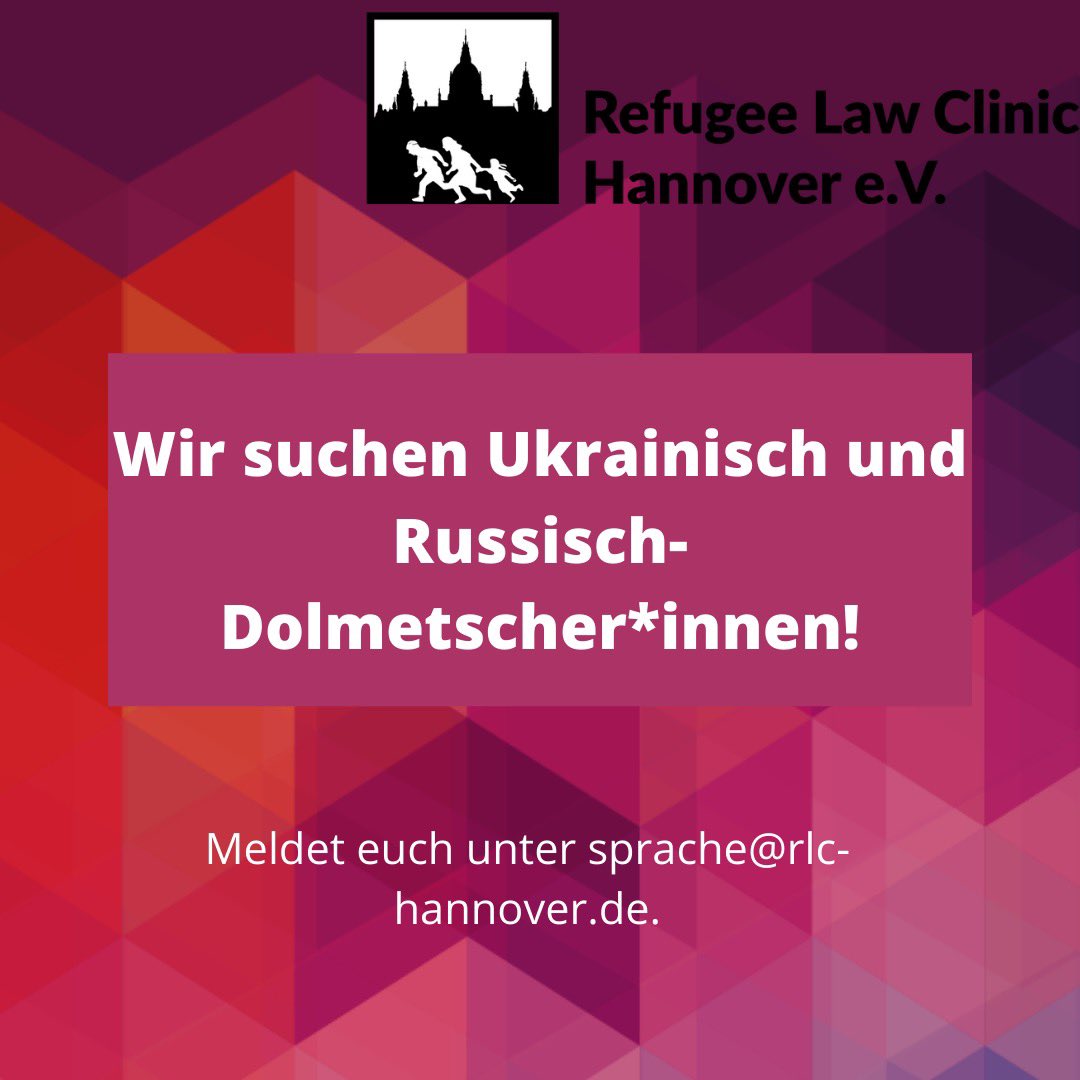 Angesichts der angespannten Lage in der #Ukraine rechnen wir in kommender Zeit mit einem Zustrom von Geflüchteten. Deshalb starten wir jetzt schon einen Aufruf für Ukrainisch und Russisch #Dolmetscher*innen. Meldet euch gerne unter sprache@rlc-hannover.de 
#RefugeesWelcome