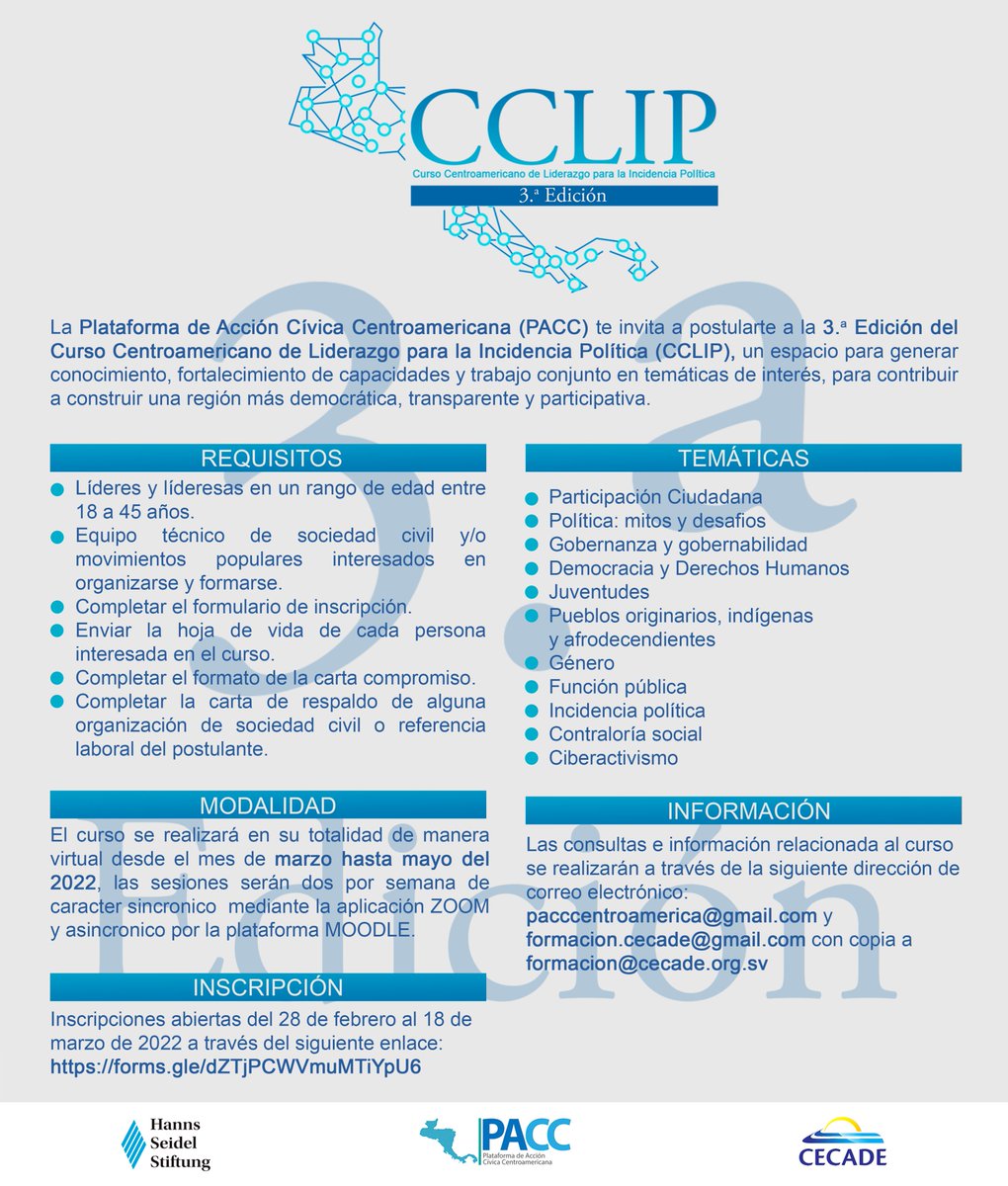 paccentroameric's tweet photo. #PACC  🇨🇷🇬🇹🇭🇳🇳🇮🇸🇻  | La PACC con el apoyo de @LaHannsSeidel y @CECADEsv, te invita a postularte a la 3.a Edición del Curso Centroamericano de Liderazgo para la Incidencia Política (CCLIP).

✅ Enlace de inscripción: https://t.co/NK2M7gGEux https://t.co/NCCYlG9ZRo