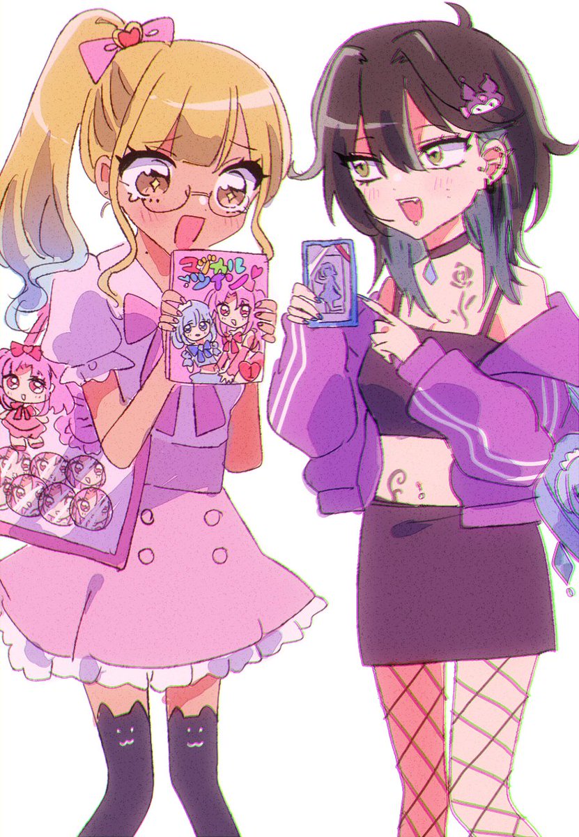 multiple girls 2girls blonde hair gyaru glasses skirt piercing  illustration images