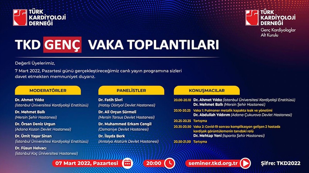 TKD Genç vaka toplantıları serisinde Mart ayında Akdeniz bölgesindeyiz, değerli hocalarımız ve meslektaşlarımızla birbirinden ilginç olguları tartışacağız. 7 Mart’da buluşmak üzere!
