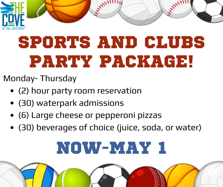 Celebrate at The Cove®! 🎉 🤩

We have a special party package just for sports and club teams! Receive this package now thru May 1, for only $300! ⚽ 🏈 🏐 ⚾ 

Give us a call or visit our website thecoveatthelakefront.com to book your end-of-season party, TODAY!