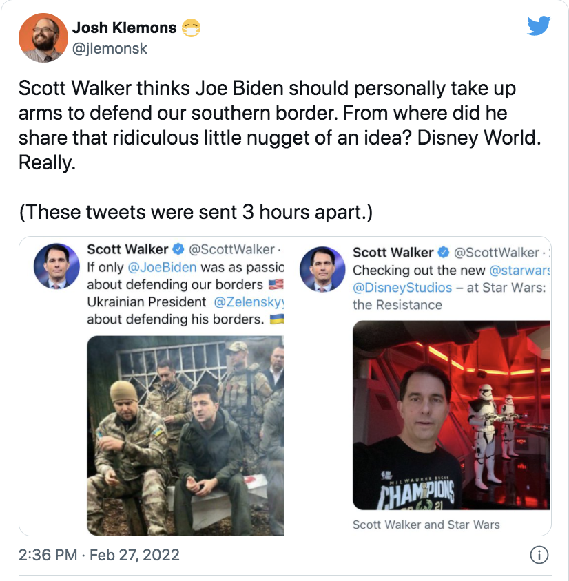 jlemonsk's tweet image. Scott Walker shared a tweet that was bad... even for Scott Walker. It politicized a war, and refugees, and it wasn't even clever. And he sent it from freaking Disney Studios! 

So @neazzup1 and I rounded up the best responses to his bad, bad take.

joshklemons.com/blog/scott-wal…