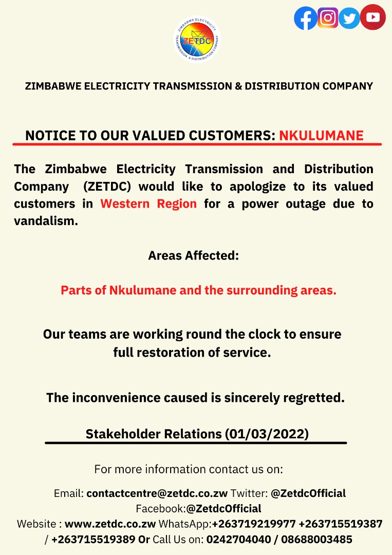 ZETDC_ (@zetdc_official) on Twitter photo #PowerUpdate #Nkulumane
#Nkulumane residents in the mentioned areas kindly take note. <a href="/OfficialZESA/">ZESA HOLDINGS</a> <a href="/officialzpc/">Zimbabwe Power Company</a> <a href="/ZesaEnterprises/">Zesa Enterprises</a> #PowerUpdate #Nkulumane
#Nkulumane residents in the mentioned areas kindly take note. <a href="/OfficialZESA/">ZESA HOLDINGS</a> <a href="/officialzpc/">Zimbabwe Power Company</a> <a href="/ZesaEnterprises/">Zesa Enterprises</a>