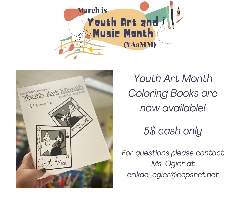 SCES_Resource's tweet image. YAM COLORING BOOKS ARE HERE!! Order forms went home yesterday for this years student designed art themed coloring book. We are so proud of this years book. Books are $5. All profits go to Salem’s Art program! @CCPSVISARTS @VAartED @ccpsinfo @SCESStars @Youthartmonth