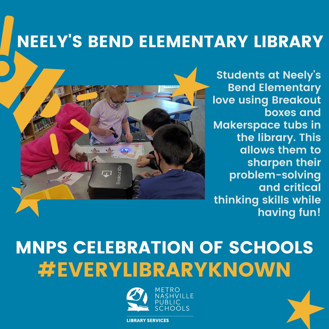 MNPSLibraries's tweet image. Students at Neely&apos;s Bend Elementary love using Breakout boxes and Makerspace tubs in the library. This allows them to sharpen their problem-solving and critical thinking skills while having fun! @MetroSchools #EveryLibraryKnown #CelebrationOfSchools