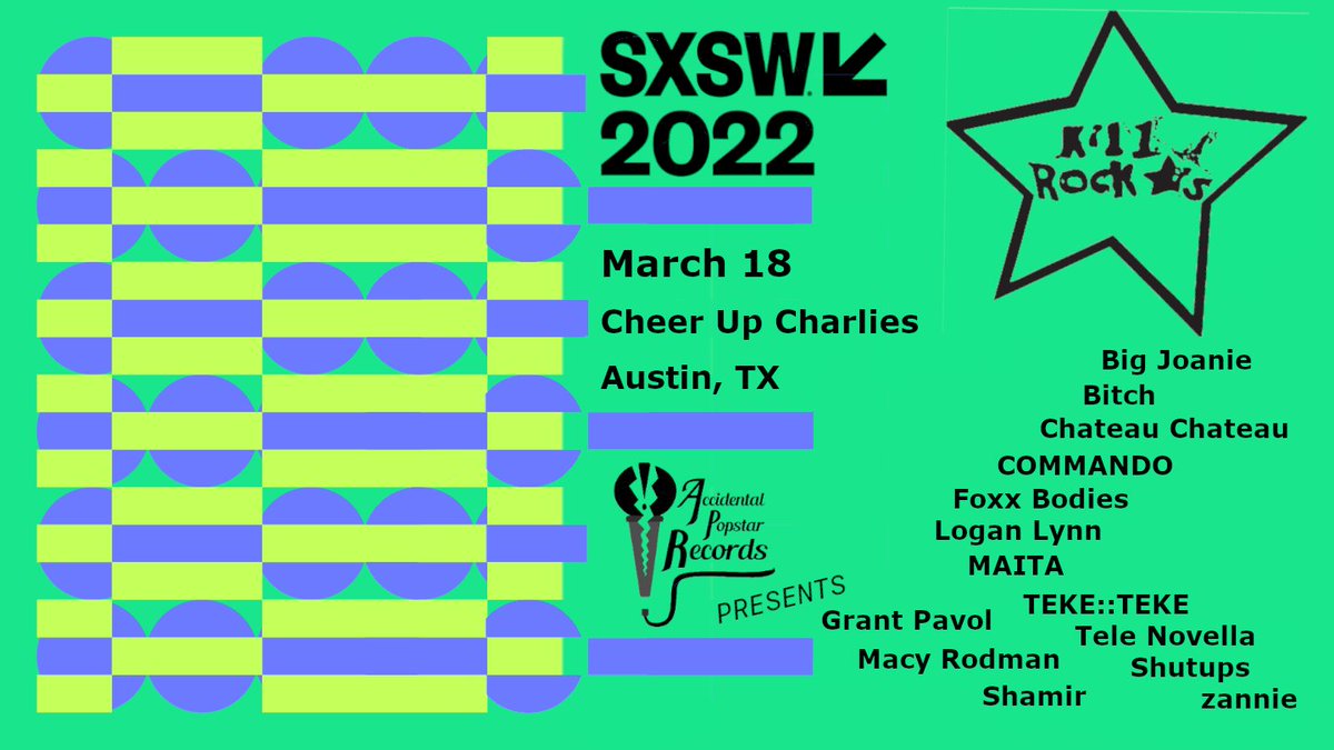 Kill Rock Stars (@killrockstars) on Twitter photo It's here!!! KRS' <a href="/sxsw/">SXSW</a> Showcase <a href="/CheerUpCharlies/">Cheer Up Charlies</a>! 👀 out Austin! Here we come!!!
<a href="/Big_Joanie/">Big Joanie</a>
<a href="/BitchMusic/">Bitch ❤️</a>
<a href="/commandosucks/">COMMANDO</a>
<a href="/foxxbodies/">Foxx Bodies</a>
<a href="/LoganLynn/">Logan Lynn</a>
<a href="/MAITAmusic/">MAITA</a>
@teketekeband
<a href="/tele_novella/">Tele Novella</a>
<a href="/shutups_/">Shutups</a>
<a href="/zgurl101/">Zannie Owens</a>
<a href="/GrantPavol/">Grant Pavol</a>
<a href="/MacyRodman/">Macy Rodman</a>
<a href="/ShamirBailey/">Shamir</a> It's here!!! KRS' <a href="/sxsw/">SXSW</a> Showcase <a href="/CheerUpCharlies/">Cheer Up Charlies</a>! 👀 out Austin! Here we come!!!
<a href="/Big_Joanie/">Big Joanie</a>
<a href="/BitchMusic/">Bitch ❤️</a>
<a href="/commandosucks/">COMMANDO</a>
<a href="/foxxbodies/">Foxx Bodies</a>
<a href="/LoganLynn/">Logan Lynn</a>
<a href="/MAITAmusic/">MAITA</a>
@teketekeband
<a href="/tele_novella/">Tele Novella</a>
<a href="/shutups_/">Shutups</a>
<a href="/zgurl101/">Zannie Owens</a>
<a href="/GrantPavol/">Grant Pavol</a>
<a href="/MacyRodman/">Macy Rodman</a>
<a href="/ShamirBailey/">Shamir</a>