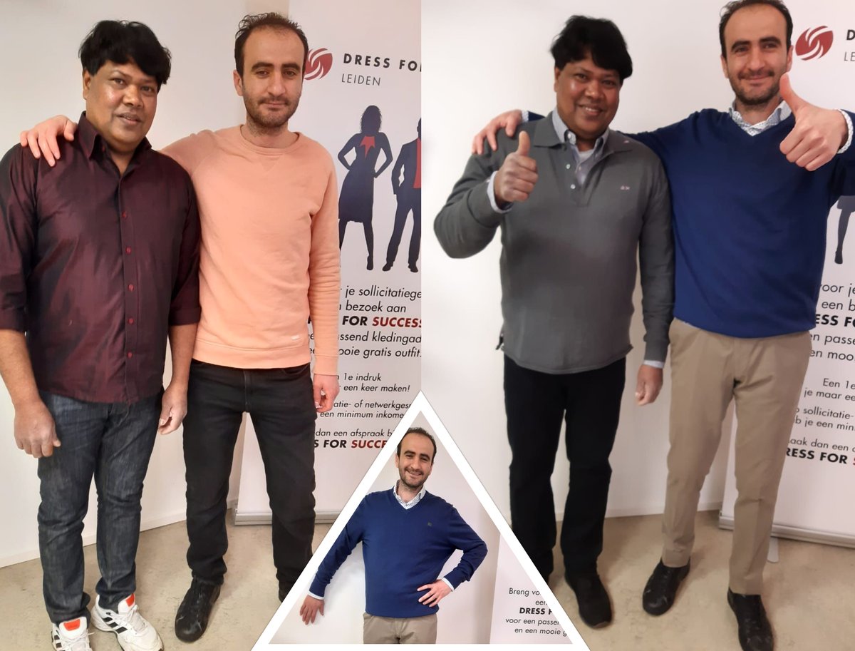 VOOR EN NA
Vanochtend was er een workshop in de winkel van Dress for Success Leiden georganiseerd voor klanten van @Sagenn (sagenn.nl).
De twee enthousiaste mannen op de foto solliciteren respectievelijk voor een baan als taxichauffeur en pizzabakker.