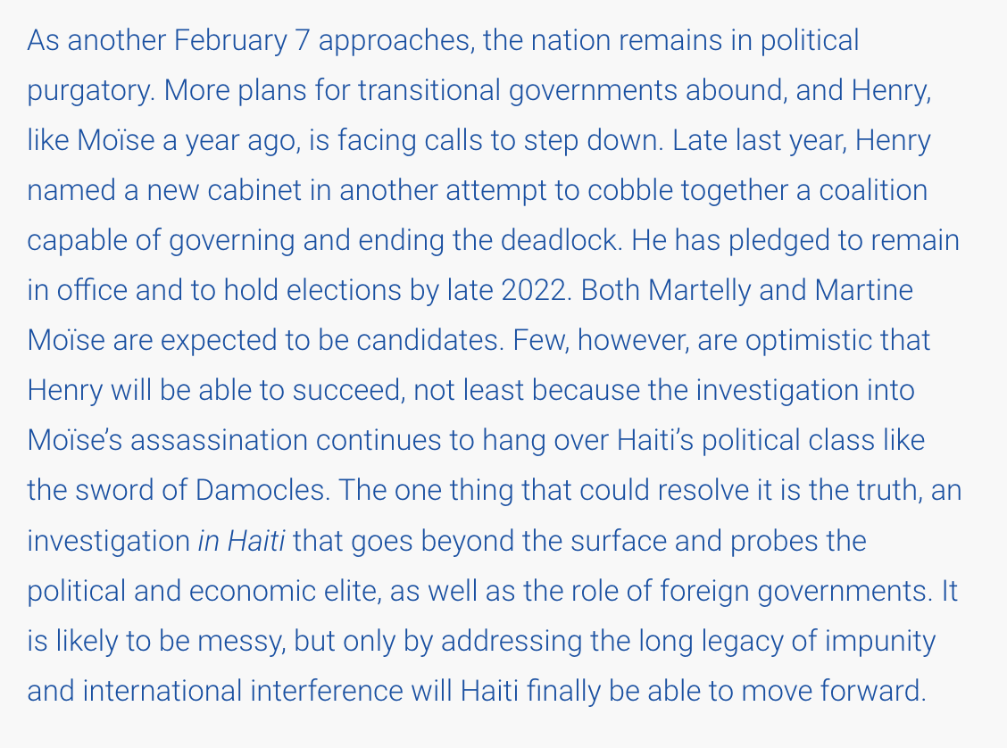 The investigation into Moïse’s assassination continues to hang over Haiti’s political class like the sword of Damocles. cepr.net/report/they-fo…