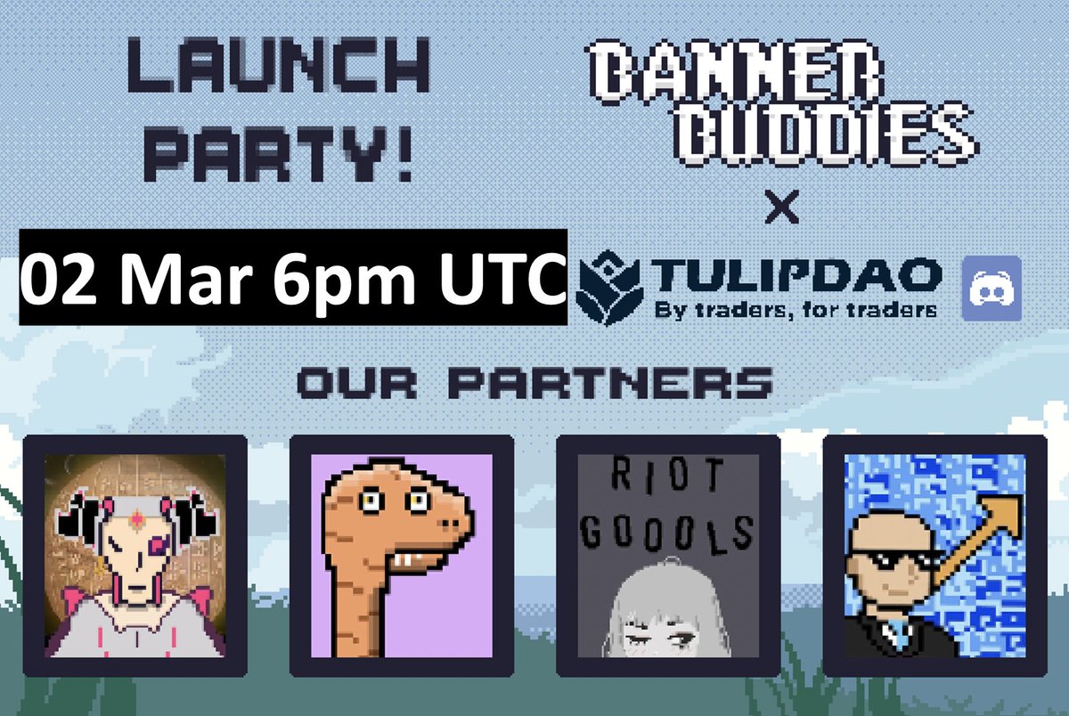 🌷TULIP DAO X BANNER BUDDIES🌷

Join us for our (rescheduled) launch party with the <a href="/BannerBuddies/">BannerBuddies - SOLD OUT!</a>! Get in and mint with us LIVE!

(Graphic designer was fired. I had to make do with paint net)

As per usual, 

🌷GIVEAWAYS INSIDE🌷

#NFT #FTM $FTM #Fantom