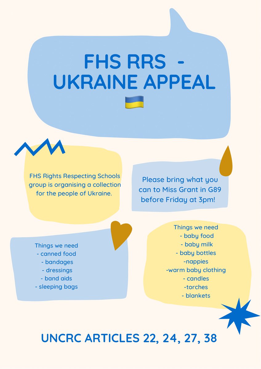 ‼️‼️ATTENTION ‼️‼️ FHS are running an appeal to try and get essentials to people in need in Ukraine. Please bring what you can to G89 before 3pm Friday 4th March. All info is included in the screenshot below! 🇺🇦 #Article38 #Article24 #Article22