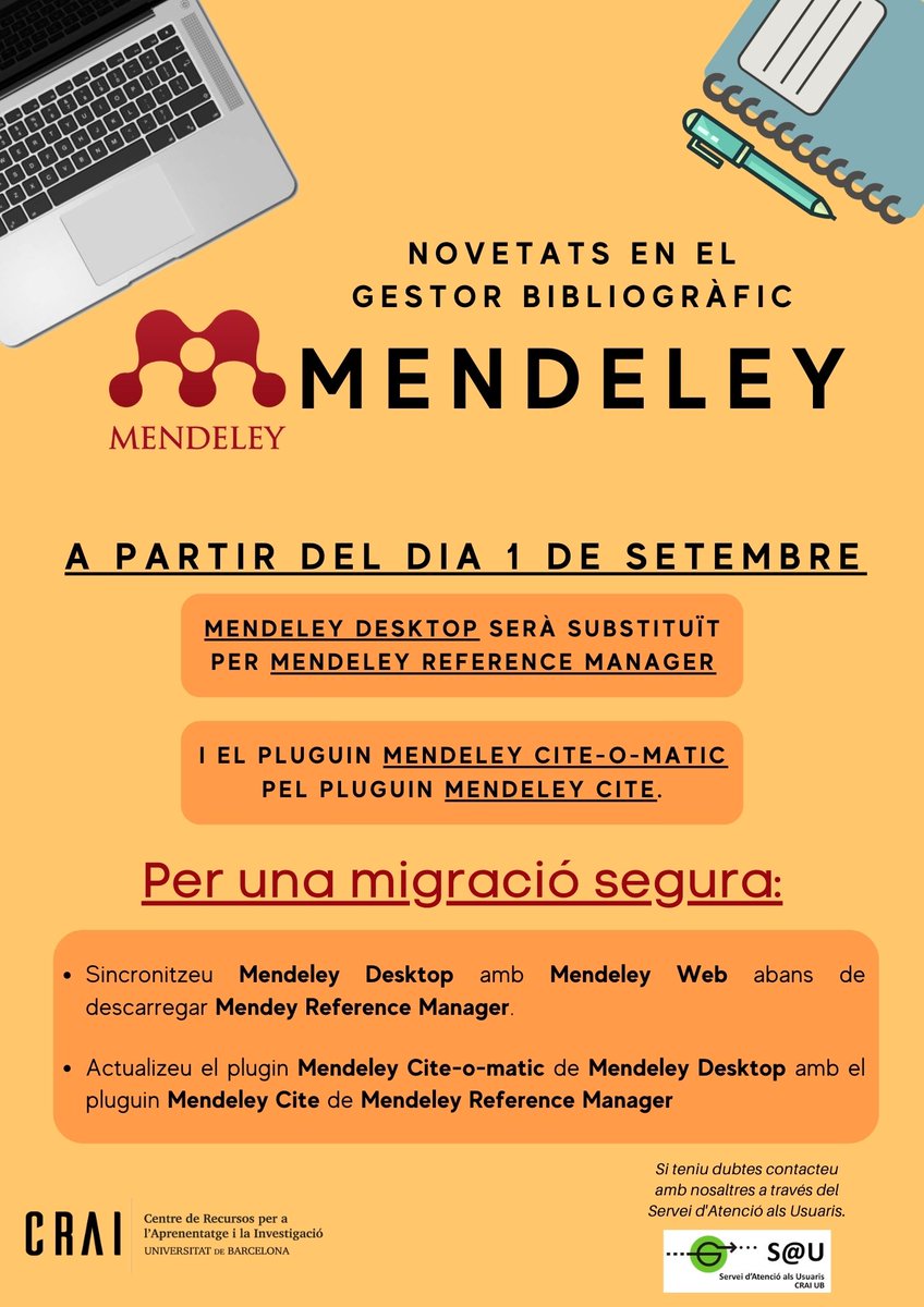CRAIClinic's tweet photo. 📡🔴 Novetats en el gestor bibliogràfic #Mendeley!
🔗Més info de com fer la migració: https://t.co/V6AzV82Dif
🔗Si teniu dubtes contacteu amb el S@U:https://t.co/L26upd0zSC
#mendeley #mendeleyreferencemanager https://t.co/d5CKXiRjDd