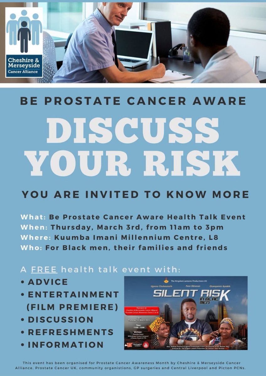PROSTATE CANCER AWARENESS MONTH!!1 in 4 black men will get prostate cancer in their lifetime. Early detection is critical as prostate cancer is always treatable and often curable. Please see flyer below for details👇🏿 <a href="/CentralLpoolPCN/">Central Liverpool Primary Care Network 🏳️‍🌈</a> #ProstateCancerAwarenessMonth