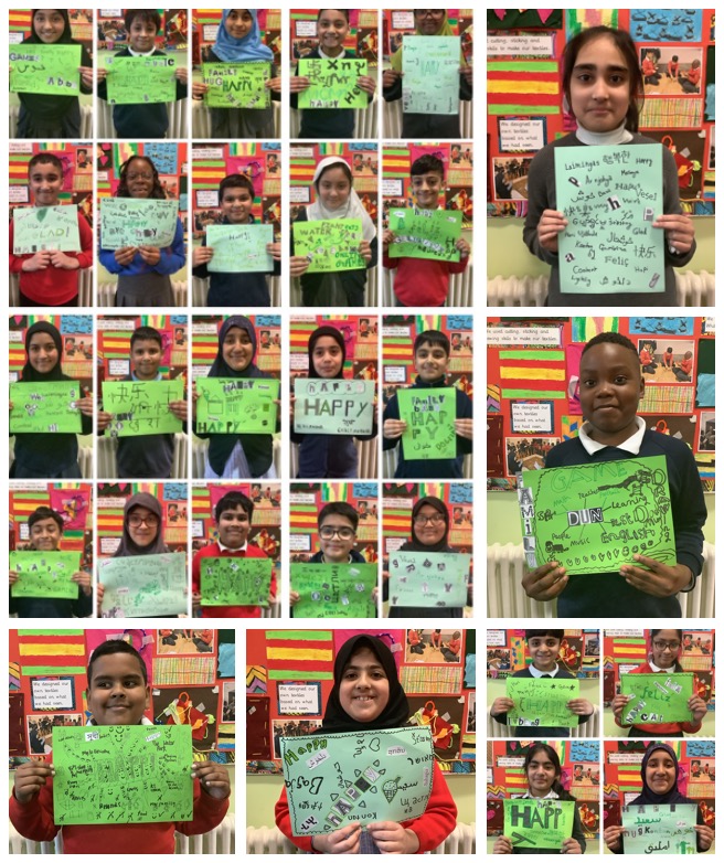 Year 5 looking #happy with their “Happy” text art! Part 1 of the city-wide #HappySafeFree project with <a href="/BuildBridgeArt/">Emma Martin</a>