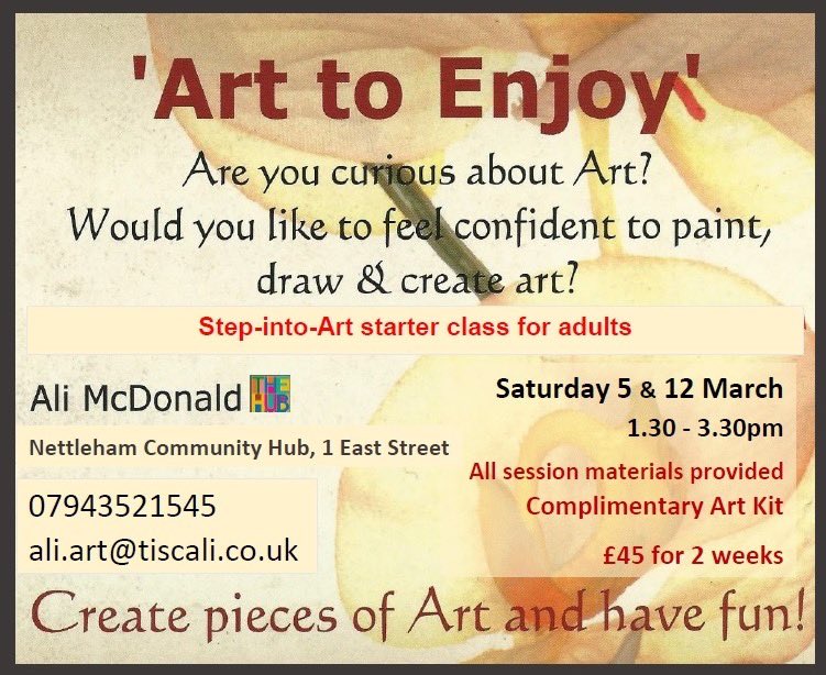 THEHUBNettleham's tweet photo. Step-into-Art starter art class for adults
🌈Treat yourself or a loved one
5 &amp; 12 March
1.30 - 3.30pm
✨ All session materials provided
✨ Complimentary Art Kit
✨ £45 for 2 weeks
🖋BOOKING REQUIRED
Ali Dot Art
#art #LINCOLNSHIRE #ArtClass https://t.co/CyJNZzh4ja