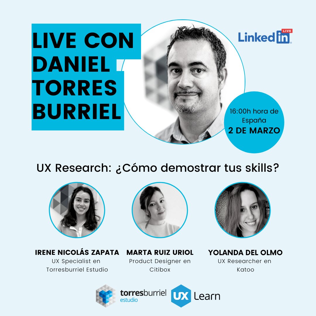 ¡Hoy es el día! Esta tarde a las 16:00 hora española tenemos el Live en el que hablaremos sobre cómo demostrar tus skills en #UXResearch

Contaremos con Marta Ruiz Uriol, Yolanda Del Olmo e Irene Nicolás Zapata y <a href="/torresburriel/">Daniel Torres Burriel🇪🇺</a>

¡Os esperamos!  

linkedin.com/video/event/ur…