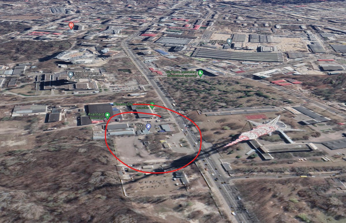 nanfulcher's tweet photo. @Militarylandnet gas station possible(?) location of 2nd explosion near Kyiv TV tower (Київська телевежа) on North side of Yuriia Illienka St.  
see video below for location reference to Kyiv TV tower (Київська телевежа) and Kyiv TV Center (Київський телецентр)
https://t.co/uzLvAaUegG https://t.co/3qJQzWxQaW