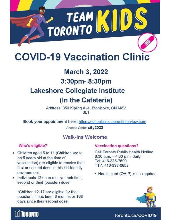 lakeshoreci's tweet photo. TPH Vaccine Clinic. This Thursday at Lakeshore CI. Youth 12+ are now eligible for the booster. @DebbieDonsky @NunziataPatrick https://t.co/d6CpjiwbAp