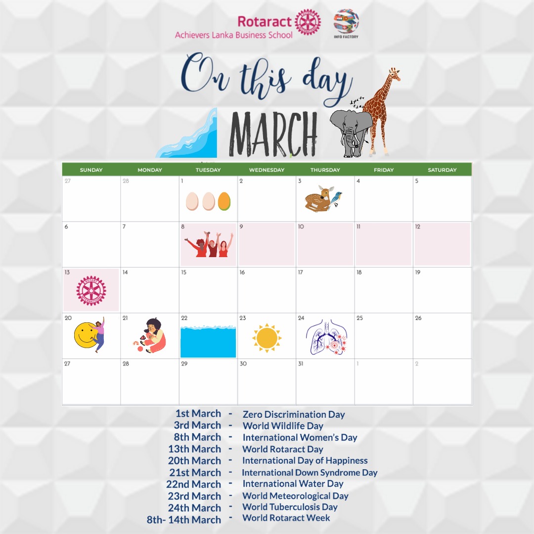 In4Factory's tweet image. On This Day for the month of March 🗓️

#Rotaract #Rotaract3220 #ServetoChangeLives #RACALBS  #ServingByEmbracingTheChange #InternationalVoluntary #RotaractInternational #ZeroDiscrimination #Wildlife #Womans #RotaractDay #DownSyndrome #Tuberculosis #RotaractWeek