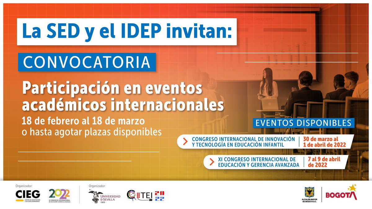 <a href="/Educacionbogota/">Secretaría de Educación de Bogotá</a> e IDEP patrocinamos la participación de maestras y maestros 💛❤️ en eventos académicos internacionales, para que puedan seguir leyendo, pensando, repensando y reelaborando críticamente su quehacer 💪

Postúlate antes del 18 de marzo 📲 bit.ly/3BxiE9Y