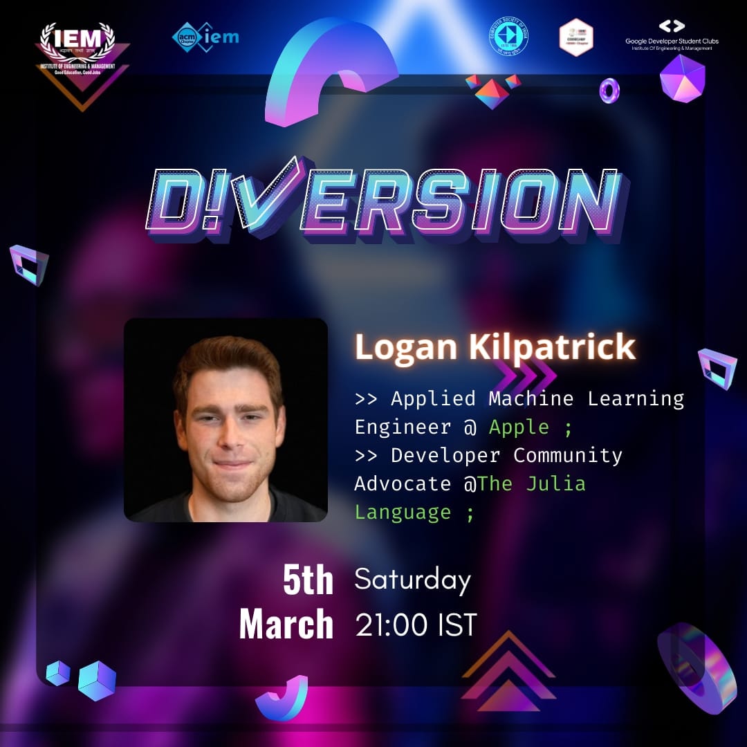 Diversion 2K22 brings to you an exclusive podcast session with *Logan Kilpatrick, Developer Community Advocate @ Julia

DATE : 5th March, 2022
TIME : 9:30 PM IST

Register here:
 forms.gle/DyAQmkFmWFT2h1…
#Diversion2K22
#OpenSource