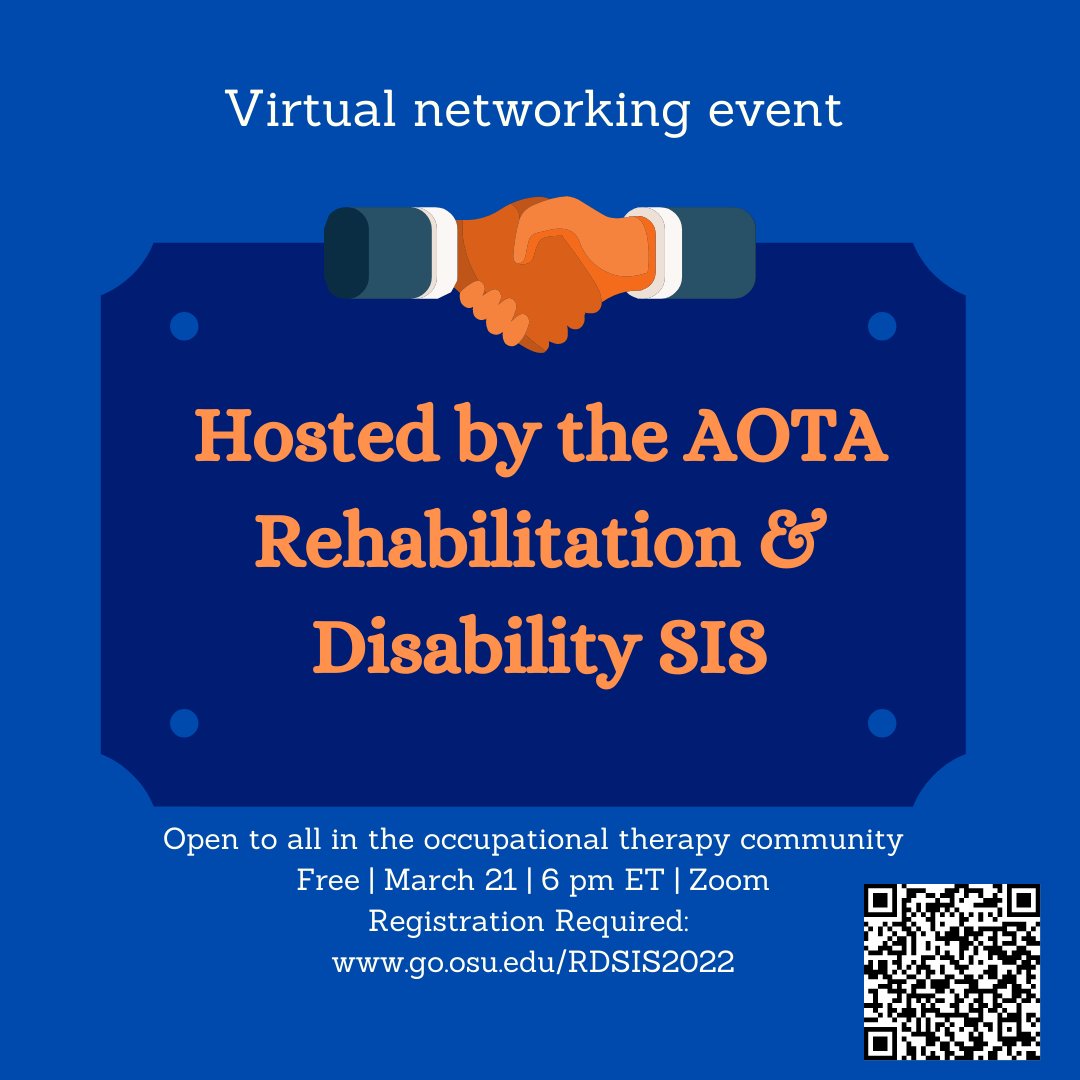 upcomingOT's tweet photo. Hope to see you at this upcoming #free #virtual #networkingevent on March 21 at 6PM ET hosted by the #AOTA #RDSIS. Register: https://t.co/nBW11oAcZx #OccupationalTherapy #ot #communOT https://t.co/RMlyb8NHyQ