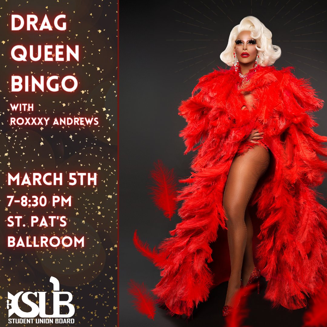 SandTSUB's tweet photo. Come one, come all to see the fabulous Roxxxy Andrews for SUB's Drag Queen Bingo. Win prizes with your friends and get the chance to talk to a RuPaul's Drag Race Celebrity. https://t.co/CJxzws4PJp