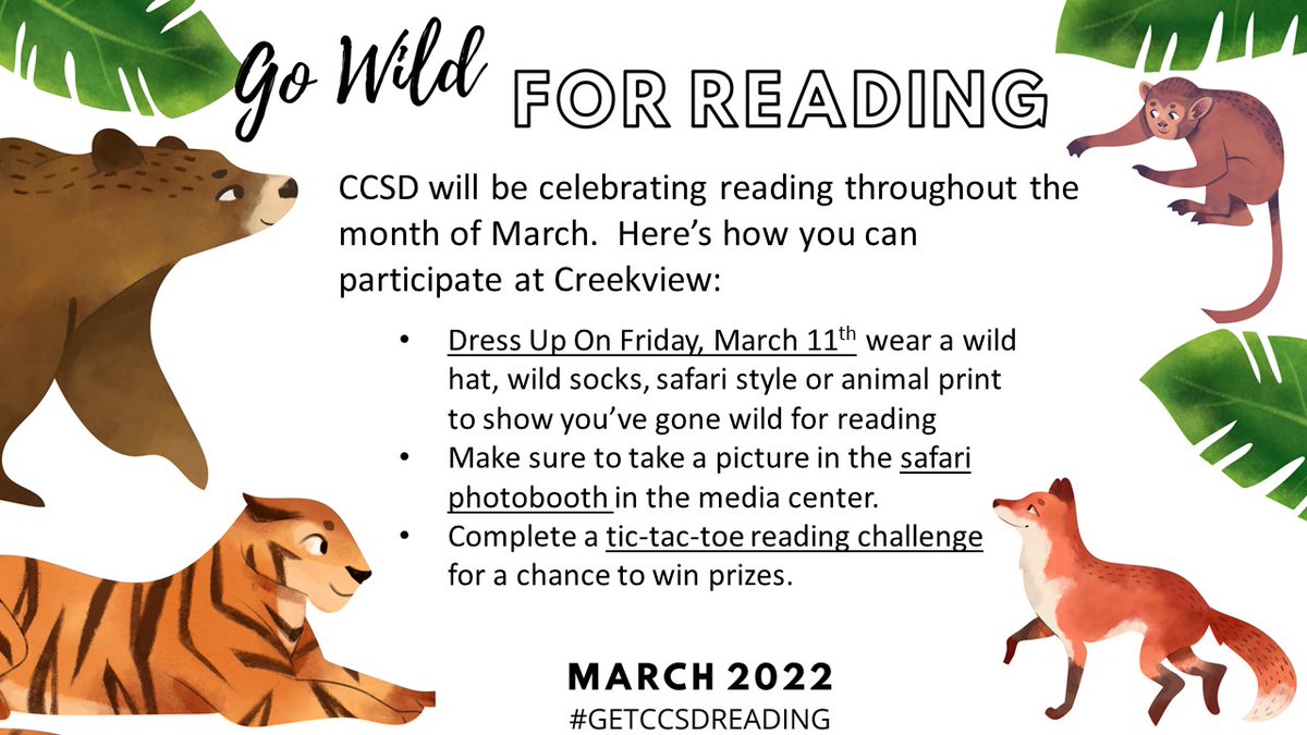 This March we are going wild for reading!  Stop by the media center to take the tic-tac-toe reading challenge  #GETCCSDREADING