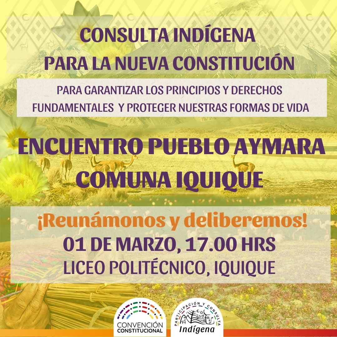 Hoy se realizará una nueva consulta indígena para el pueblo Aymara de Iquique con el propósito de deliberar sobre los derechos del pueblo indígena que se deben consagrar en la nueva Constitución. <a href="/IquiqueTheBest/">Iquique Tarapaca</a> <a href="/GonzaloPrietoN/">Gonzalo Prieto Navarrete</a> <a href="/convencioncl/">Chile Convención</a>