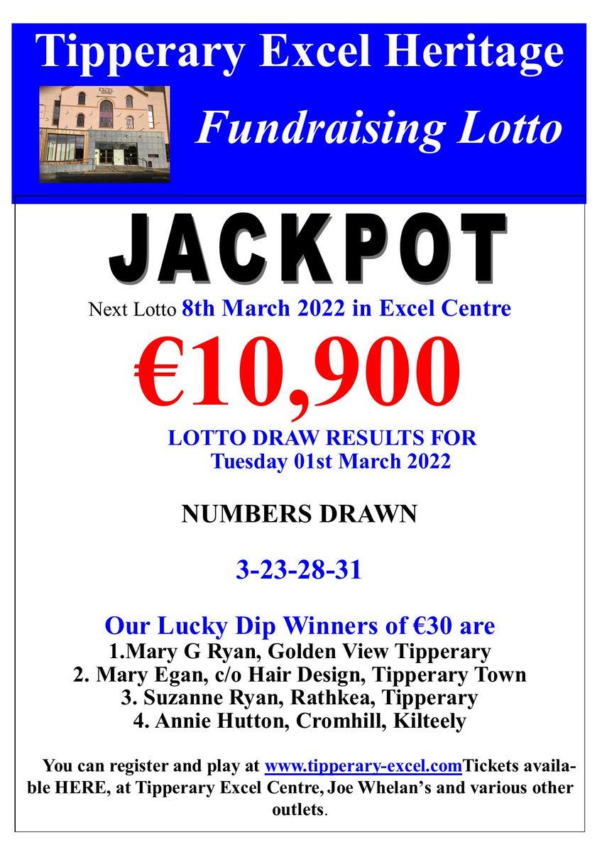 Tipperaryexcel (@tipperaryexcel) on Twitter photo Excel Lotto Results from our Jackpot draw today. We had no winner. Excel Lotto Results from our Jackpot draw today. We had no winner.