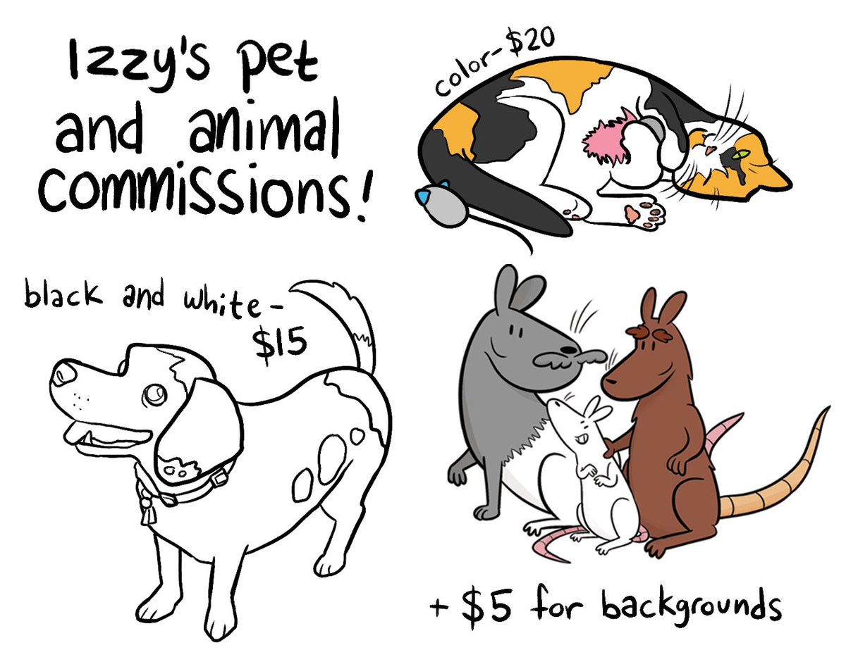 izzybbcomics's tweet image. Hi! have you ever wanted ME, Izzy, to draw your pet or favorite animal? I'm opening up commissions, feel free to reply or dm with any questions about 'em
