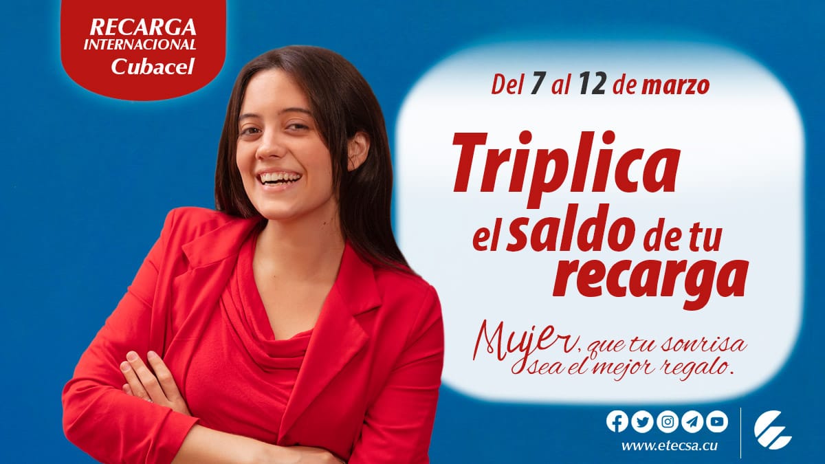📌 #Promoción de Recarga Internacional del 7 al 12 de marzo 😃.
✔️ Si recibes 📲 una recarga entre 500 y 1250 CUP obtendrás el TRIPLE del dinero recargado en tu SALDO PRINCIPAL 😱, con vigencia de 330 días.
¡Para que te comuniques como quieras!
#CubacelEnLínea